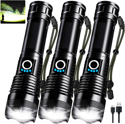 High Lumens 90,000LM Rechargeable LED Flashlights - 3 Pack, 5 Modes, Waterproof for Home & Camping