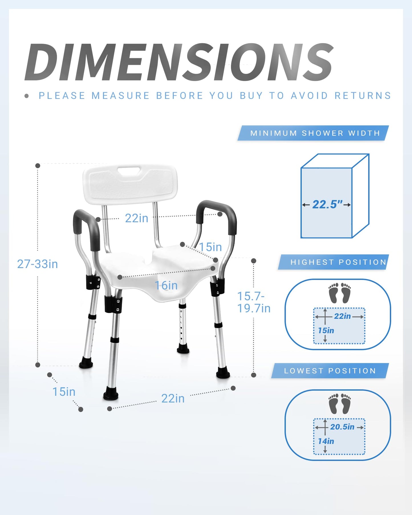 Sangohe Shower Chair - Shower Chair for Inside Shower - U-Shape Seat Heavy Duty Shower Chair - Shower Chair with Arms for Handicap - Wide Shower Seats for Elderly - Shower Chair for Bathtub, 796E