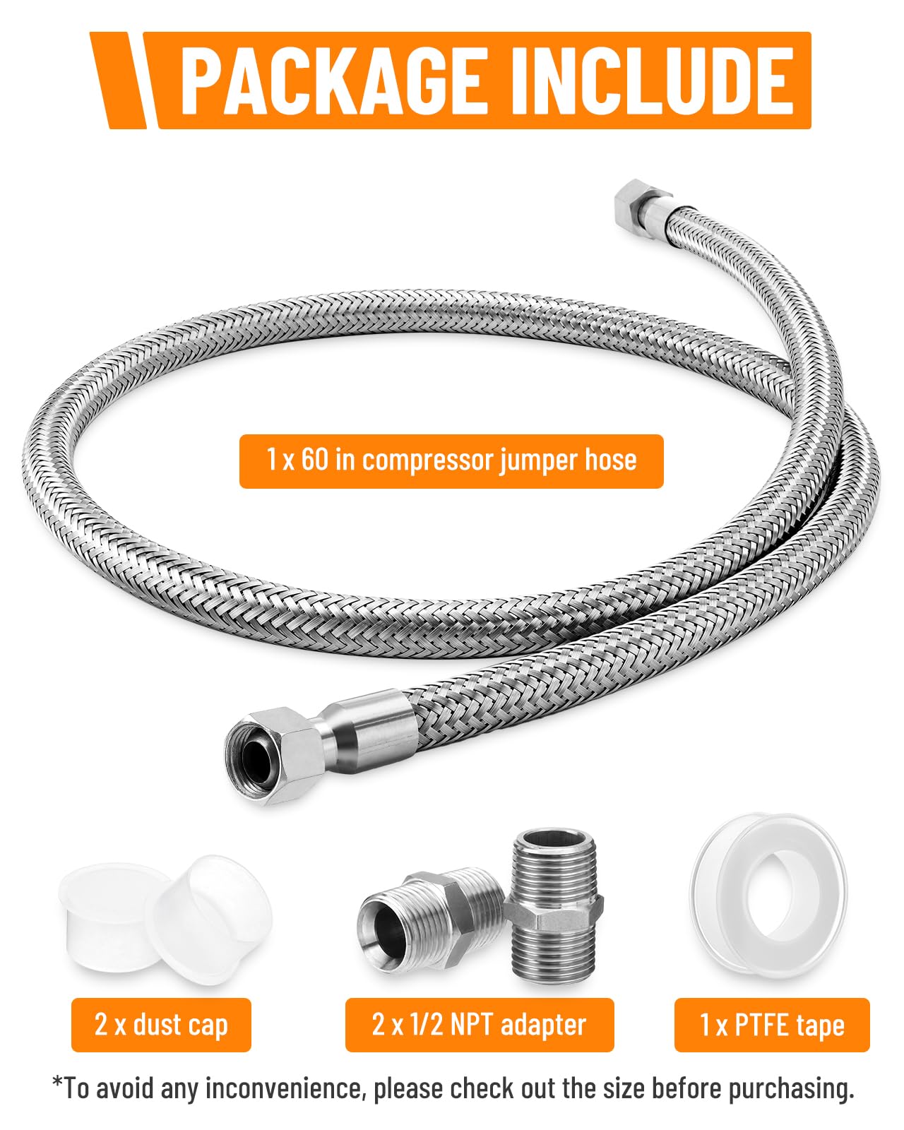 Turnirace 1/2" x 60" Air Compressor Jumper Hose Kit, Steel Braided NPT Air Hose with 1/2" Swivel Ends, Air Compressor Pump to Tank Line, 450 PSI 750°F Air Compressor Flex Hose