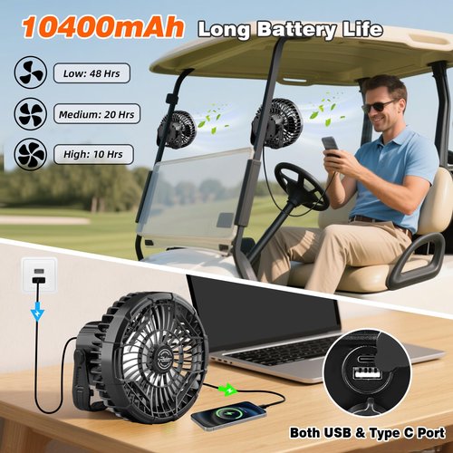 Roykaw 10400 mAh Magnetic Golf Cart Fan Portable Rechargeable Battery Powered, 24+ Hrs, w/LED Lights, Compatible with EZGO/Club Car/Yamaha & All Ironic-Body, Cordless & Remote Control, 2 PCS