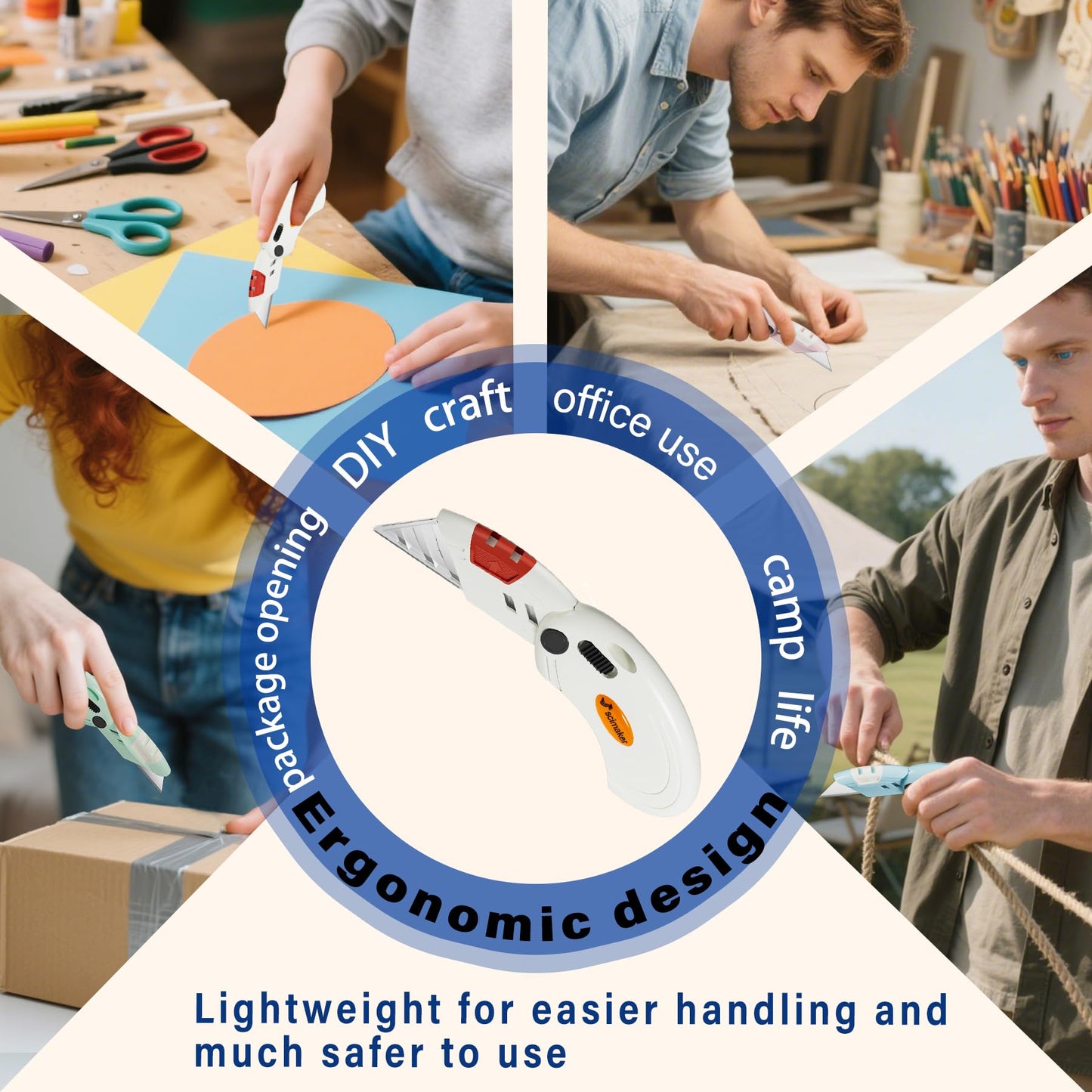 Scimaker 4-Pack Folding Box Cutters Lightweight Utility Knives Set Perfect for Office and Home Use, Back-lock Mechanism with Extra 10-Piece Blades