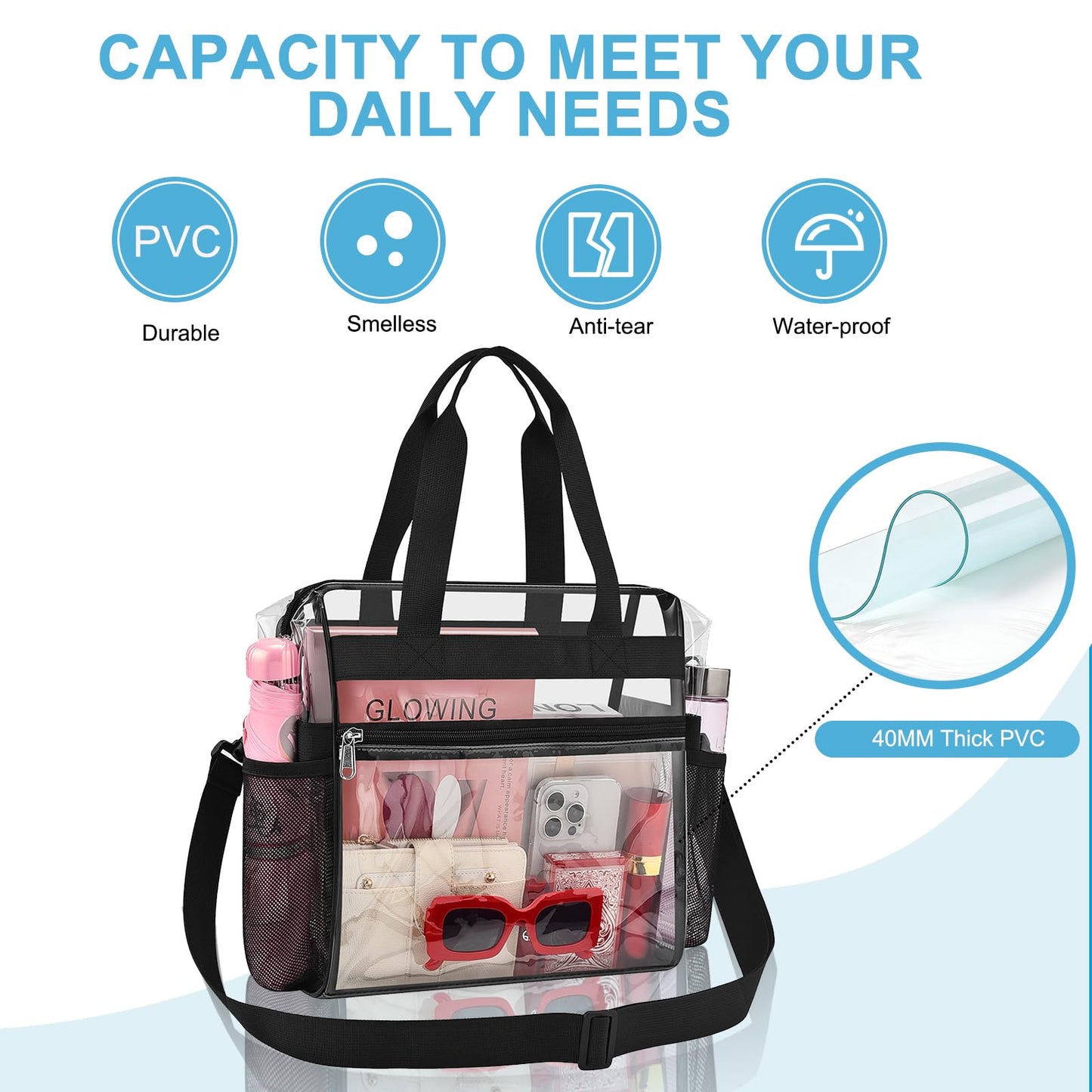 Busiuw Clear Bag for Stadium Events Approved 12x6x12 - Clear Tote Bag Sports Fan Tote Bag with Reinforced Strap for Sport Festival Work Game Day