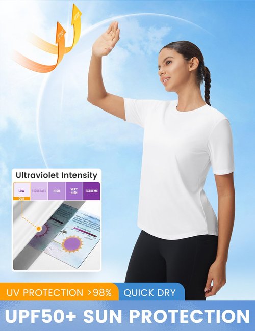 baleaf Women's Short Sleeve Workout Shirts Breathable Mesh Back Quick Dry UPF 50+ T-Shirts Crewneck Gym Running Hiking Tops White L