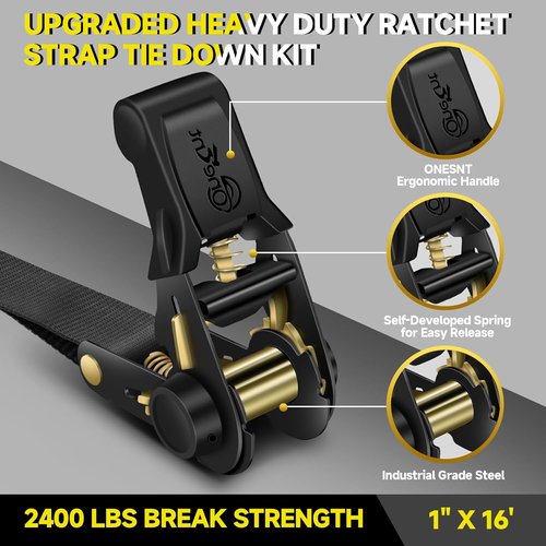 4Pcs Ratchet Tie Down Straps by [Brand Name] - 2400lb Break Strength | 1” x 16FT with Soft Loops & Safety S Hooks - Ideal for Trucks, Motorcycles, Moving & Appliances, Black