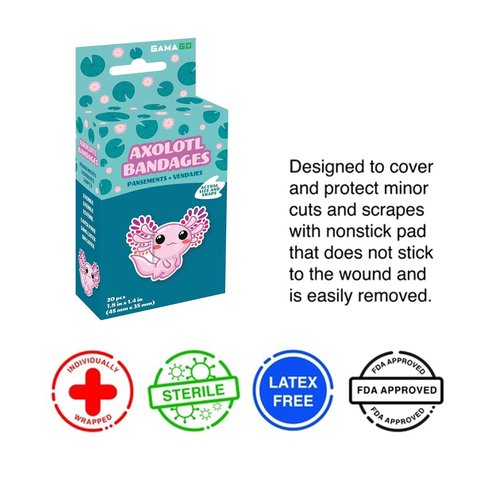 GAMAGO Axolotl Shaped Bandages Kids & Kidults - Set of 20 Individually Wrapped Self Adhesive Bandages - Sterile, Latex-Free & Easily Removable - Funny Gift & First Aid Addition