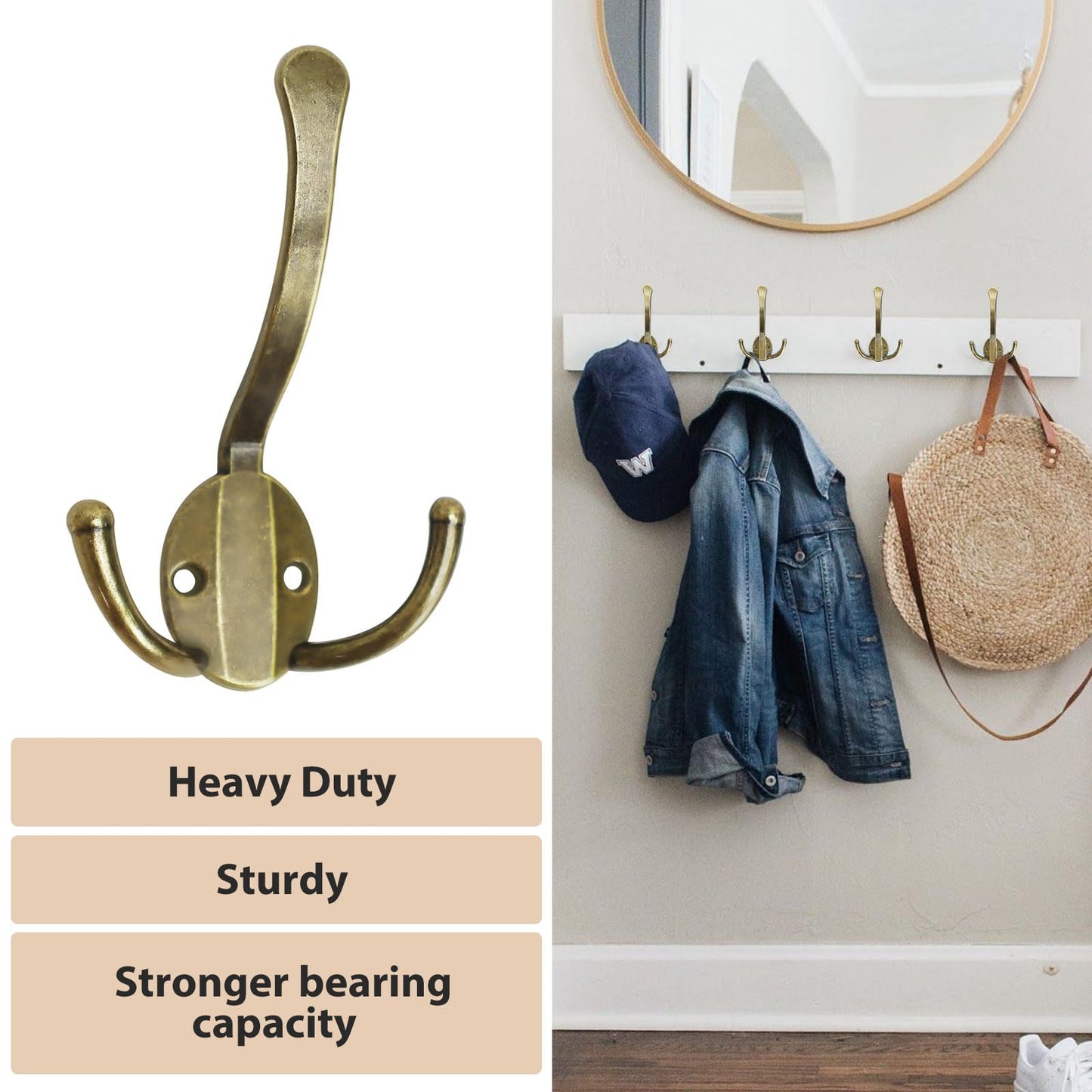 Homanu 8 Pack Coat Hooks Heavy Duty, Metal Three Prongs Large Coat Hooks Wall Mounted with 16 Screws, No Rust Antique Brass Rustic Wall Hooks for Hanging Towel, Coat, Scarf, Bag, Hat, Cup, Key