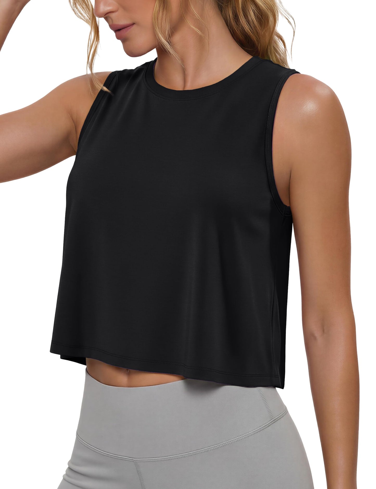 MAGCOMSEN Womens Black Tanks Crop Top Sleeveless Loose Fit Moisture Wicking Running Gym Shirt Athletic Yoga Pickleball M