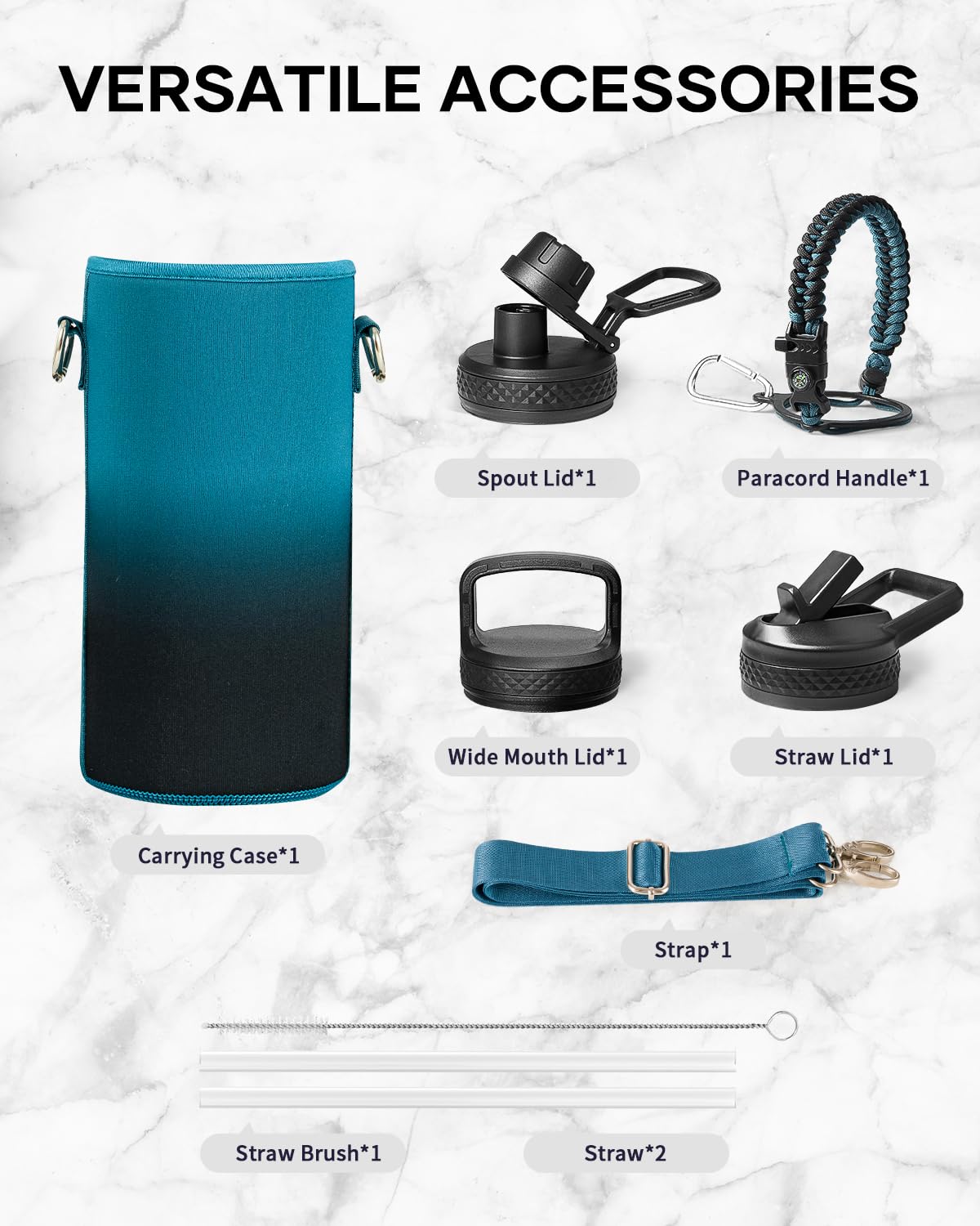 Trebo 32oz Water Bottle Insulated with Lid and Straw,Triple Wall Vacuum Stainless Steel Metal Tumbler Sports Flask with Paracord Handle, Keep Cold 48 Hours Water Cup with 3 Lids, Indigo/Black