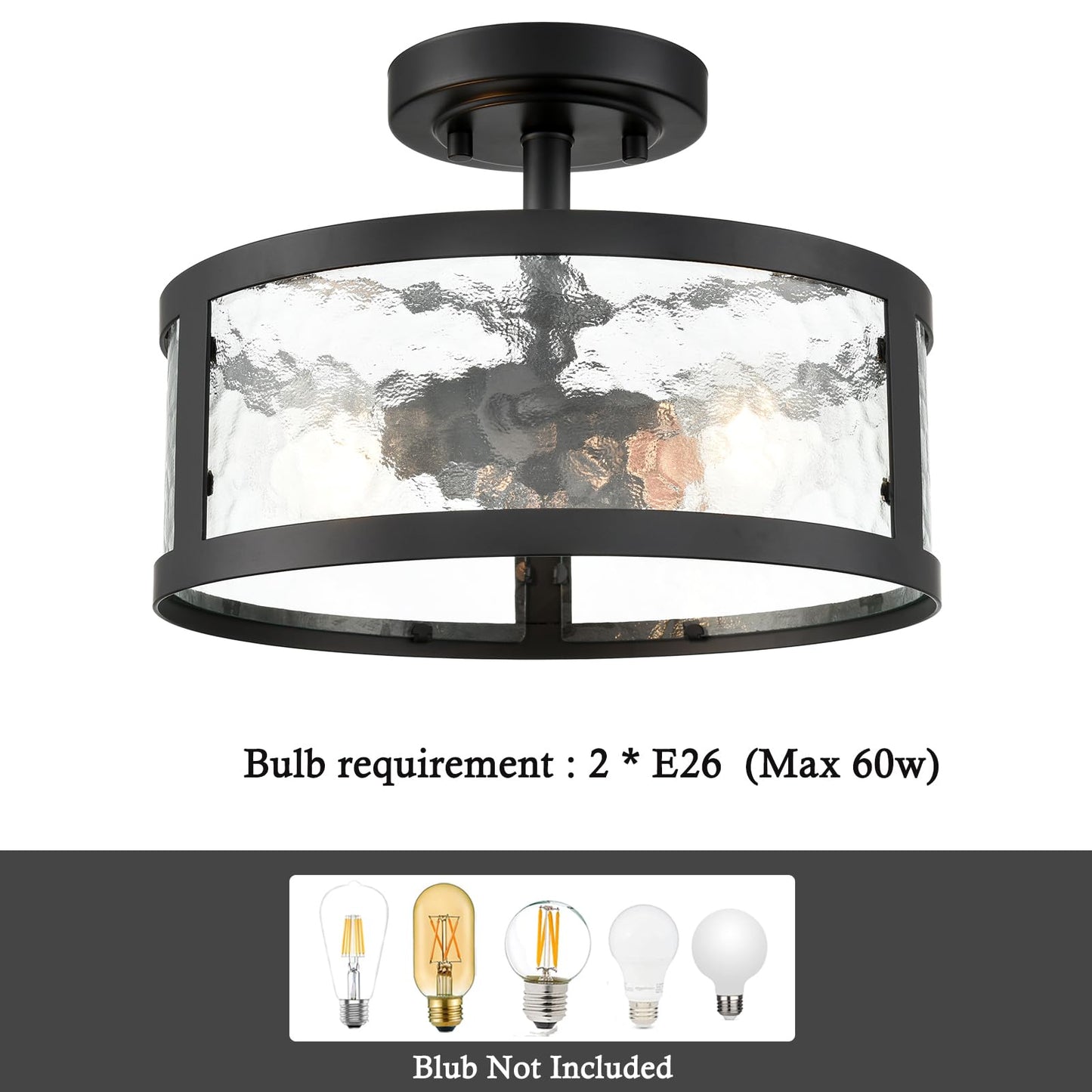 Farmhouse Semi Flush Mount Ceiling Light Black Light Fixtures Ceiling Mount 2-Light with Hammered Glass for Bedroom Kitchen Bathroom Entryway Proch