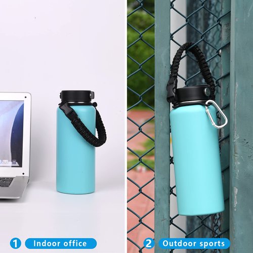 Wongeto Paracord Handle with Shoulder Strap Compatible with Hydro Flask Wide Mouth Water Bottles 12oz - 64 oz，Water Bottle Strap for Walking Biking Hiking Camping(Black 1)
