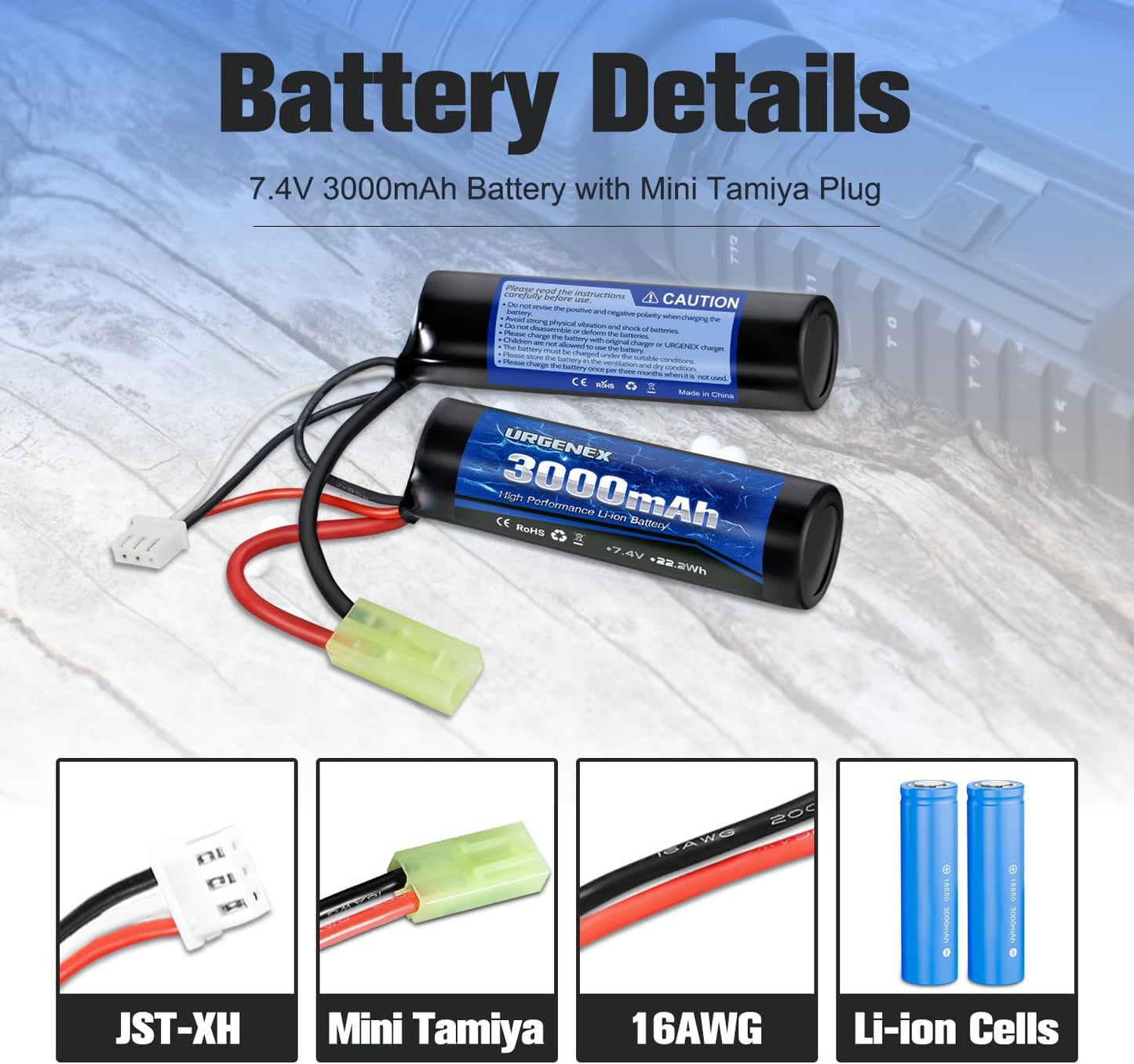 URGENEX 3000mAh Airsoft Battery - 7.4V Nunchuck Rechargeable with Mini Tamiya Plug | Fits Most Airsoft Guns