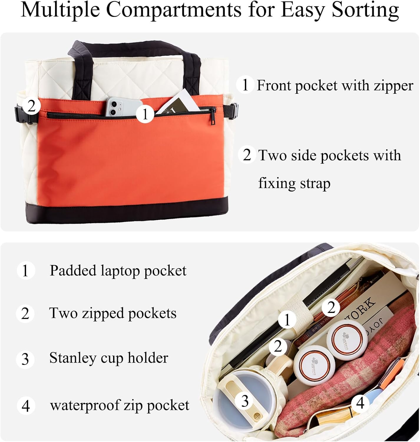 Skiennix Puffer Tote Bag - Stylish Work Bag with Cup Holder & Compartments | Quilted Design for Travel