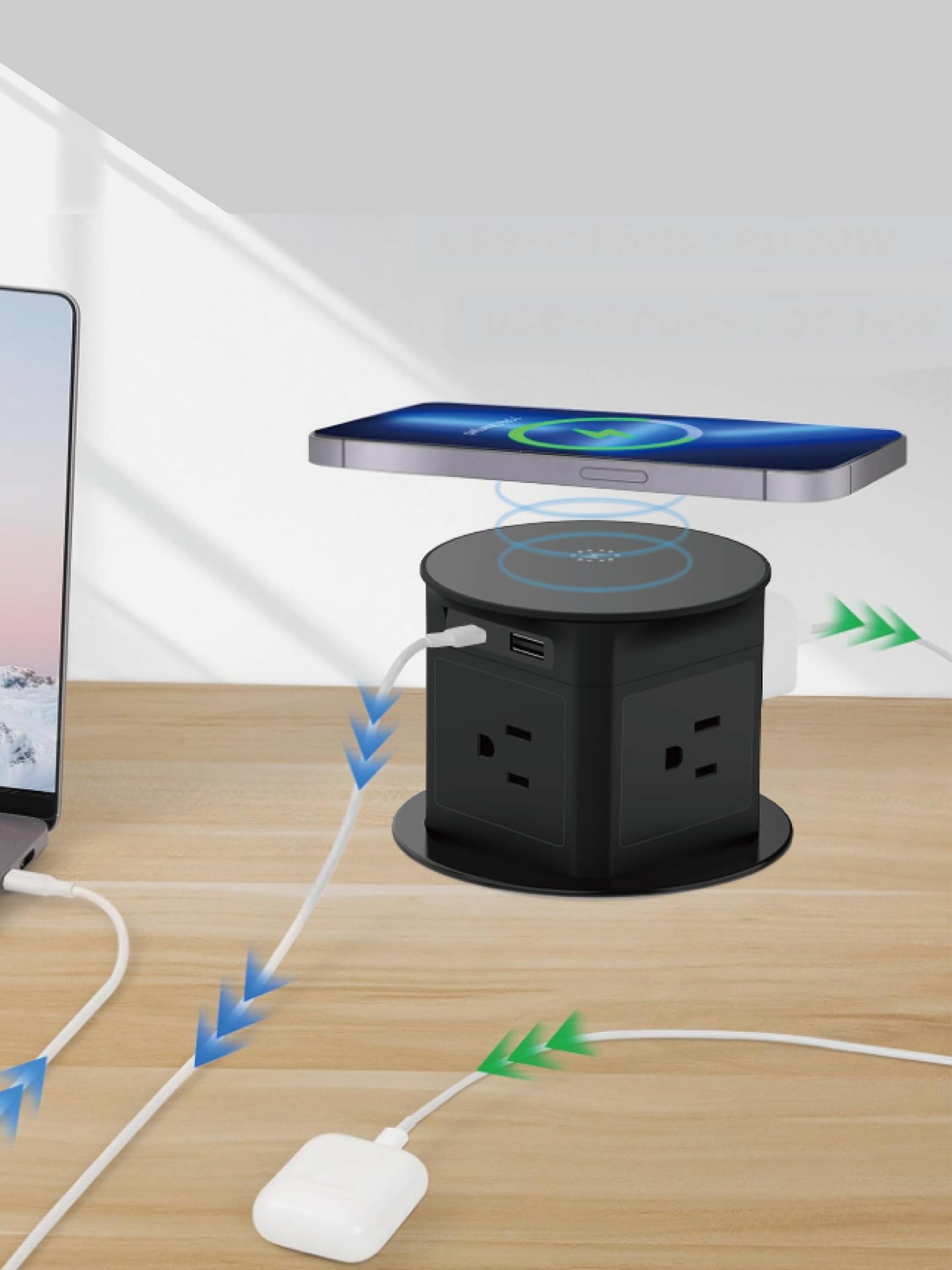 Pop up Outlet for Countertop with 15W Wireless Charger,4 Outlets 1 PD20W USB-C Ports,1QC18W USB-A,3.94 inch Desk Hole Power Grommet,Pop Up Power Outlet for Kitchen Countertop,Office Desktop (Black)