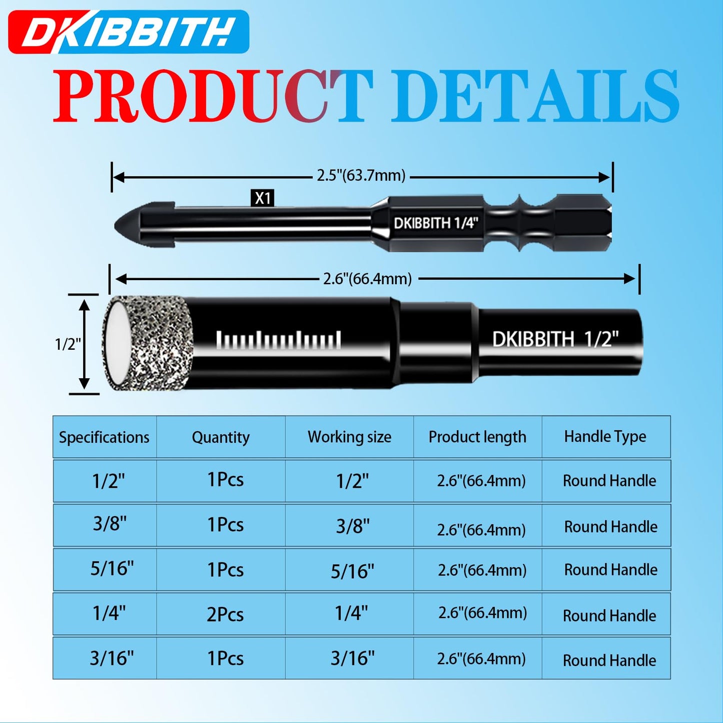 DKIBBITH 7 Pack Dry Diamond Drill Bits & Tile Drill Bits Set for Ceramic, Porcelain, Marble, Granite, Stone, Glass - Round Shank 3/16", 1/4"(x2), 5/16", 3/8", 1/2"+1 Pack Masonry Drill Bit 1/4"