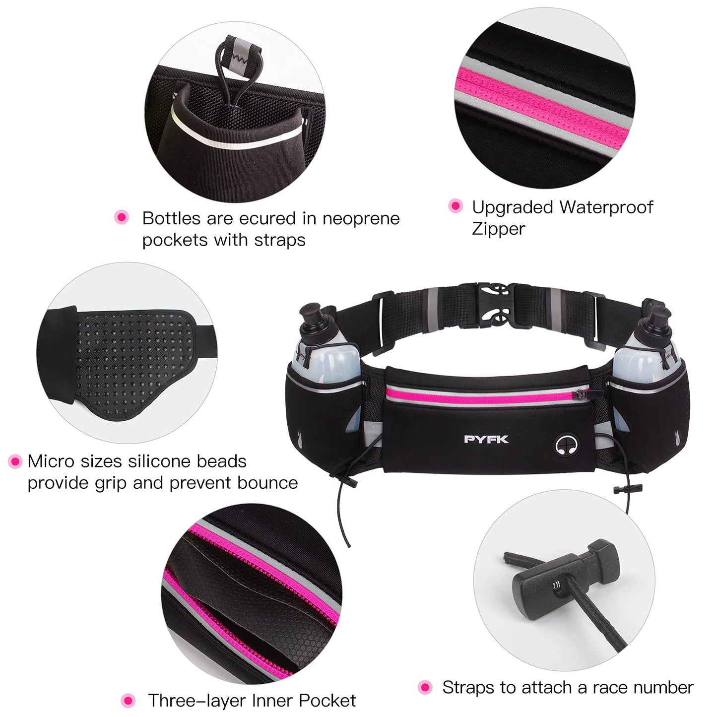 PYFK Running Belt with Water Bottles, Hydration Belt for Men and Women, Water Bottle Holder Running Pouch Water Belt, Fanny Pack Fits 7 inches Phones, Waist pack for Runner Jogging (rose red)