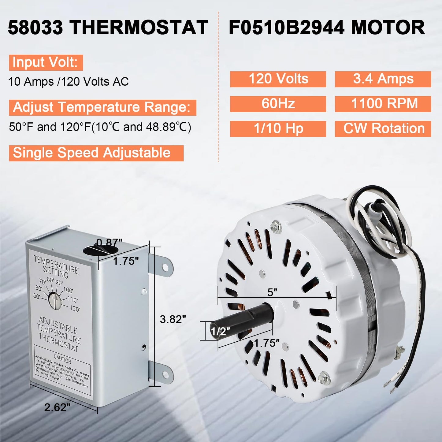 Hiorucet F0510B2944 F0510B2705 Attic Fan Motor & 120V Adjustable Thermostat Switch for Power Attic Ventilators and Exhaust Fan, F0510B2497 Motor for Lomanco 2000&1800, 58033 Temperature Controller.