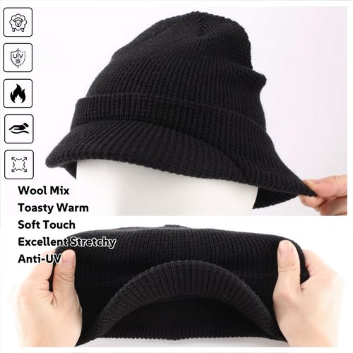 Home Prefer Mens Wool Blend Winter Hat Double-Layer Warm Knit Pre-Curve Visor Beanie Brimmed Beanies Hat for Men Women (US, Alpha, One Size, Black)