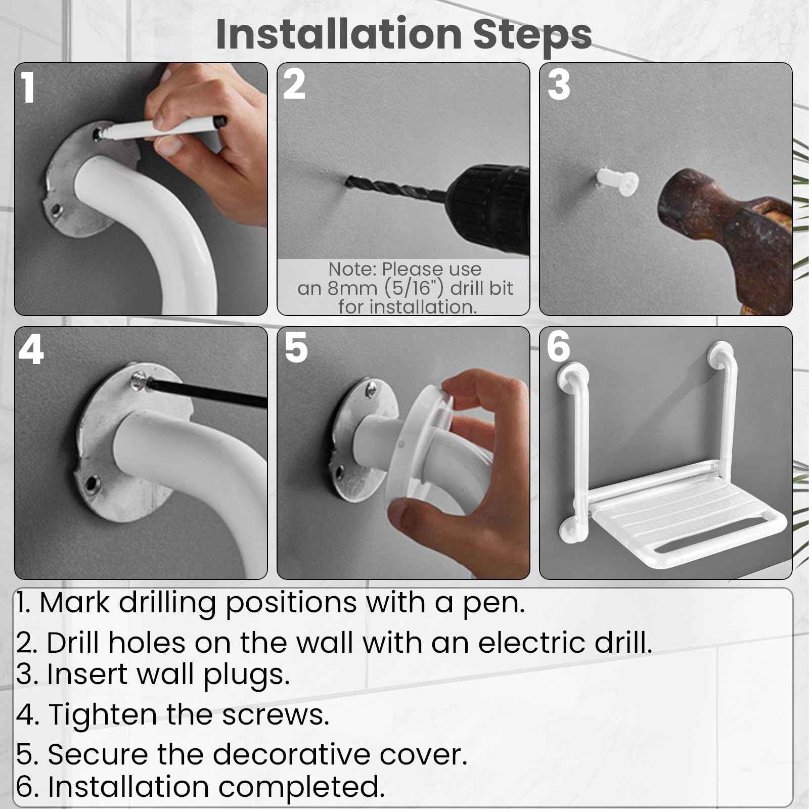 LELYFIT 16-Inch Wall Mounted Shower Seats with Armrests, Space-Saving Foldable Shower Bench for Small Bathrooms, Safety Wall-Mounted Foldable Shower Chair with Reflective Strips, Holds up to 330 lbs