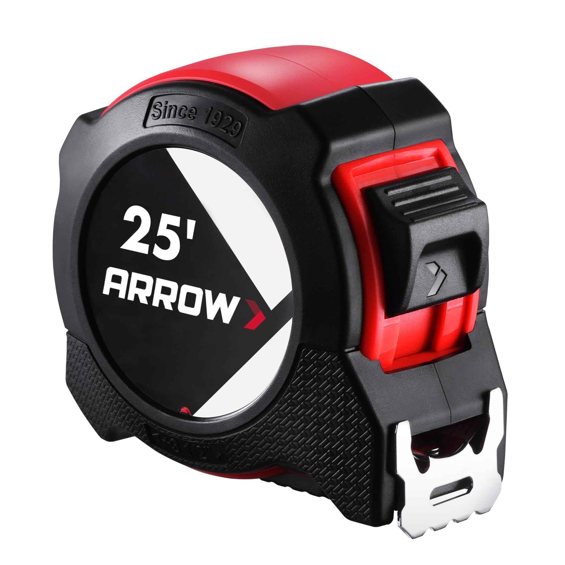Arrow 25FT Tape Measure, Easy Read Measuring Tape with Dual Locking System, Double Sided Measurement Tape with 1.25″ Blade, Belt Clip, Dual-End Metal Hook, and Rubber Protective Casing