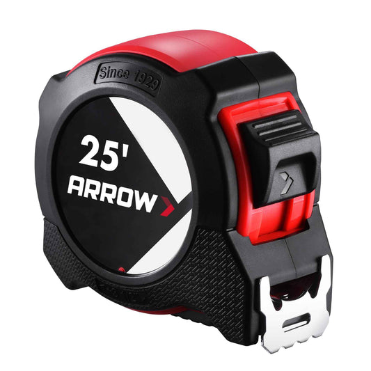 Arrow 25FT Tape Measure, Easy Read Measuring Tape with Dual Locking System, Double Sided Measurement Tape with 1.25″ Blade, Belt Clip, Dual-End Metal Hook, and Rubber Protective Casing