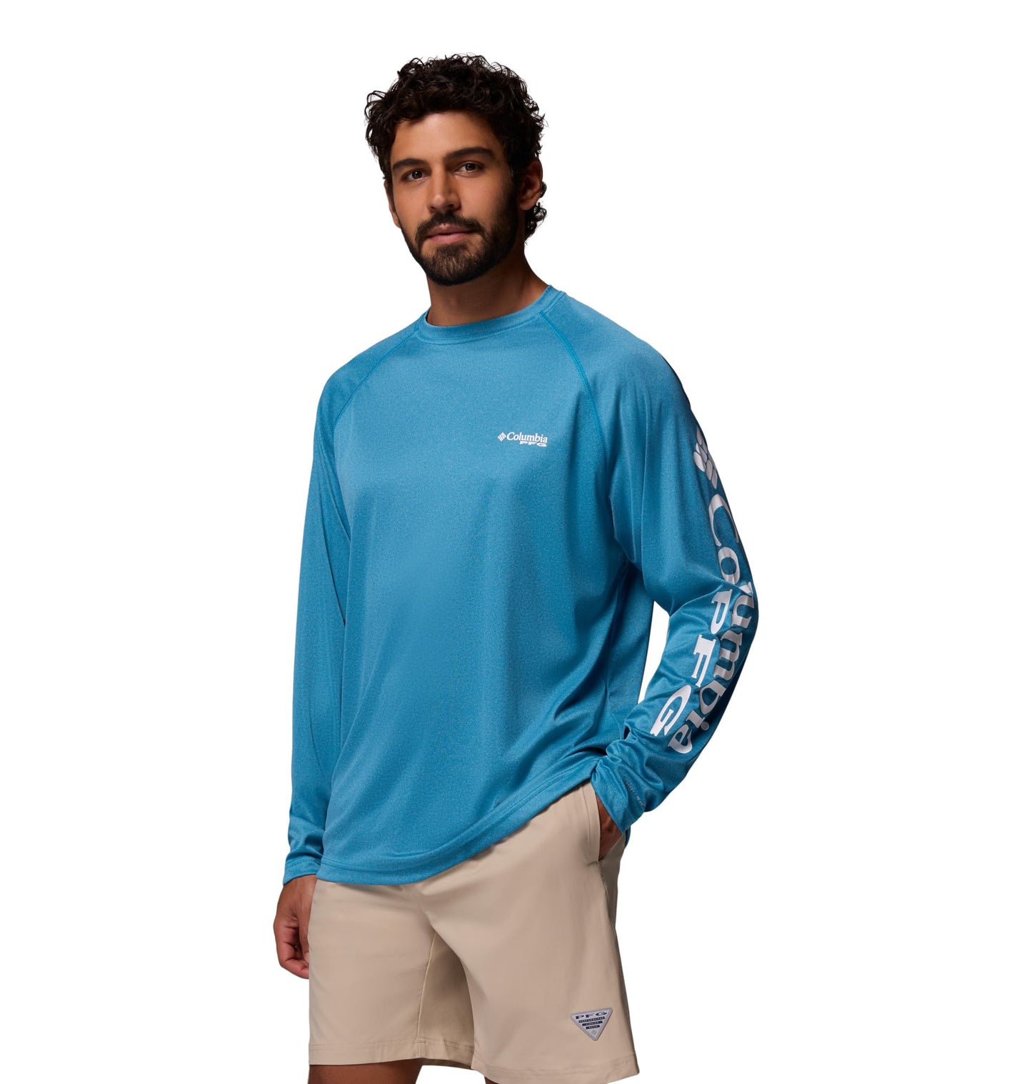 Columbia Men's PFG Terminal Tackle Long Sleeve Fishing Shirt, Blue Echo Heather/White Logo, X-Large Tall