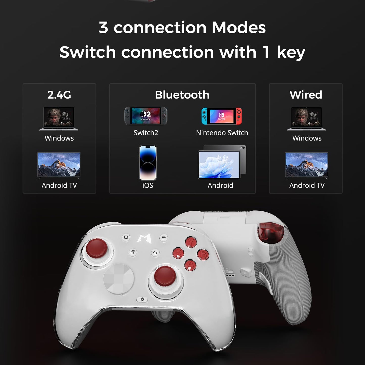 MOBAPAD Huben2 Wireless Switch Controller Pro – PC Controller with ALPS Linear Motors, Pro Controller Switch, Omron Mechanical Buttons, 6-Axis Motion (White)