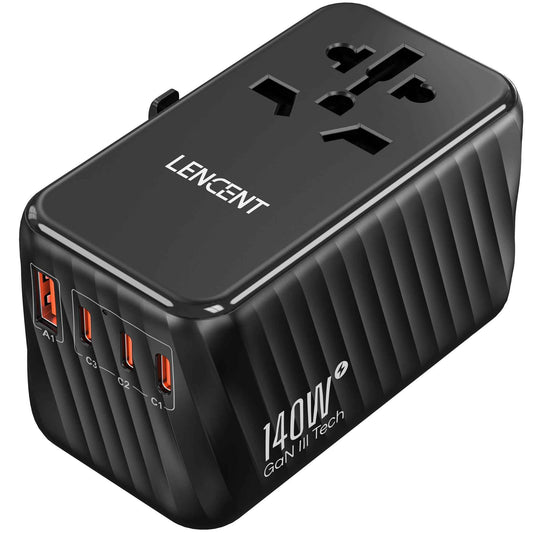 LENCENT 140W Universal Travel Adapter, International Plug Adaptor, GaN Fast Charger with 3 Type C+1 USB A, All in One Travel Essentials, Worldwide Outlet Converter for US to European EU UK AUS, Black