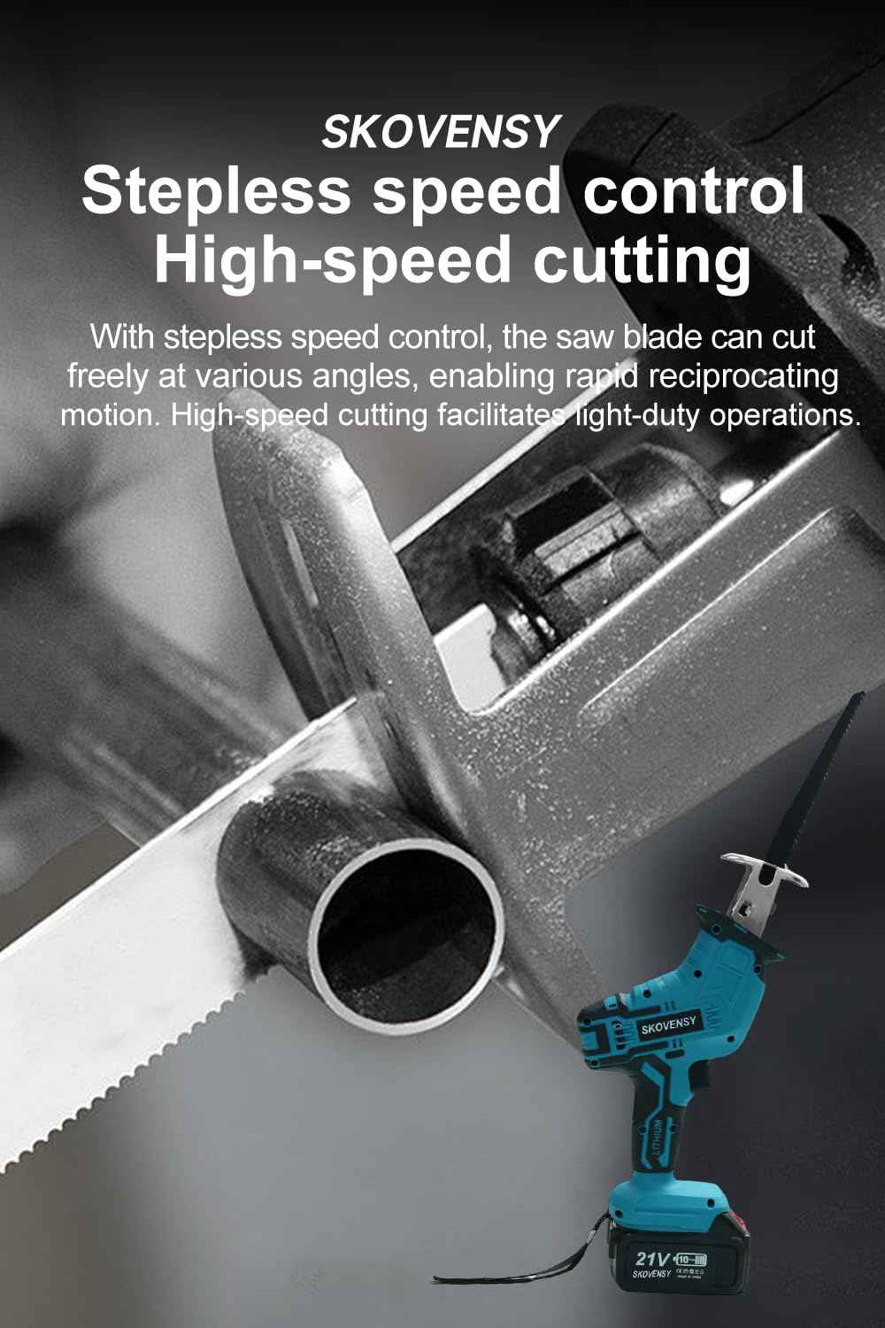 Cordless Reciprocating Saw, Battery x2, Reciprocating Saw Cordless, Variable Speed, Blades Kit for Metal/Wood/PVC Cutting, Blue