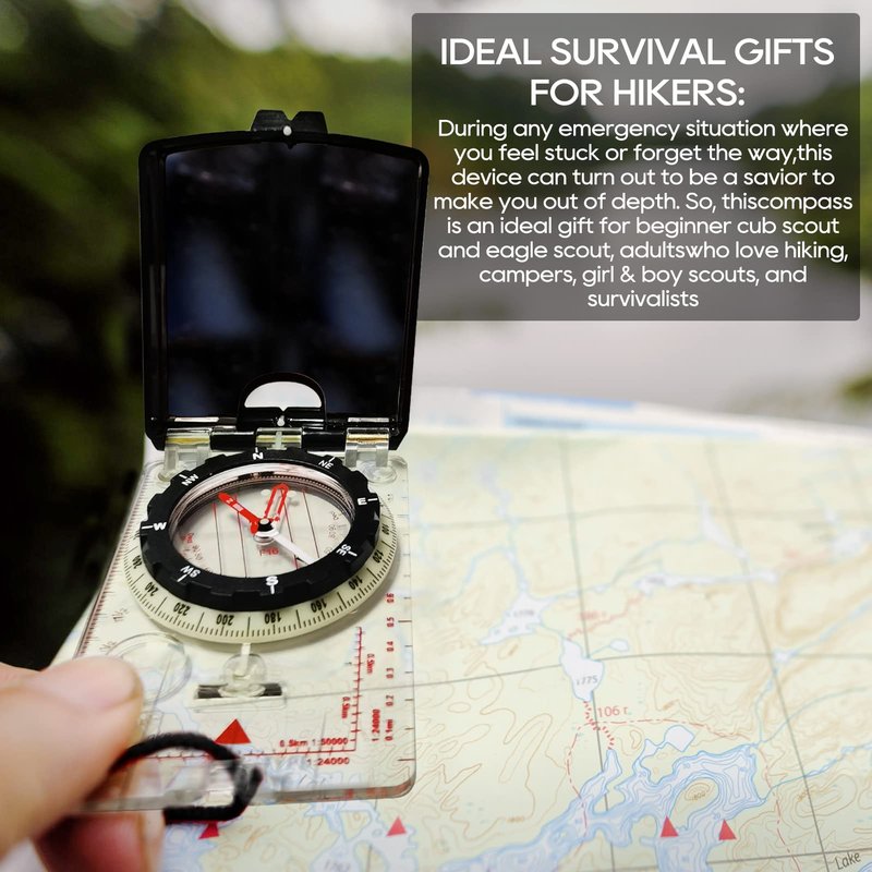 Posinly Multifunctional Orienteering Compass for Hiking, Mirror Sighting Compass with Adjustable Declination, Clinometer and Magnifier, Map Reading for Camping, Scouting