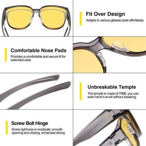 DUCO Night Driving Glasses Women Fit Over Glasses Night Vision Goggles Light Weight TR90 Frame Anti Glare Lens (A-Transparent Gray Frame Night Vision Lens)