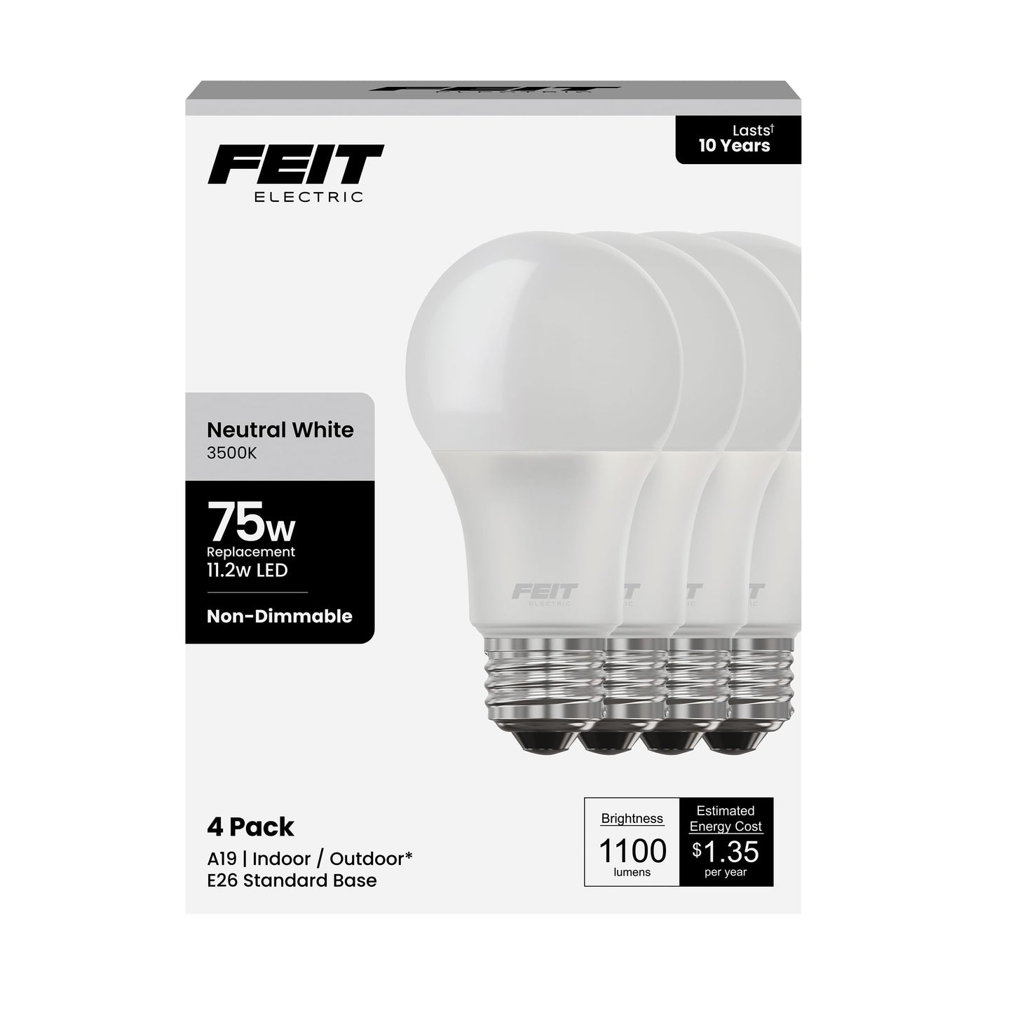 Feit Electric A19 LED Light Bulb, 75W Equivalent, 1100 Lumens, 3500K Neutral White, Non-Dimmable, E26 Base, Indoor/Outdoor, General Purpose LED Bulbs, 11,000-Hour Lifespan, A1100/835/10KLED/4, 4 Pack