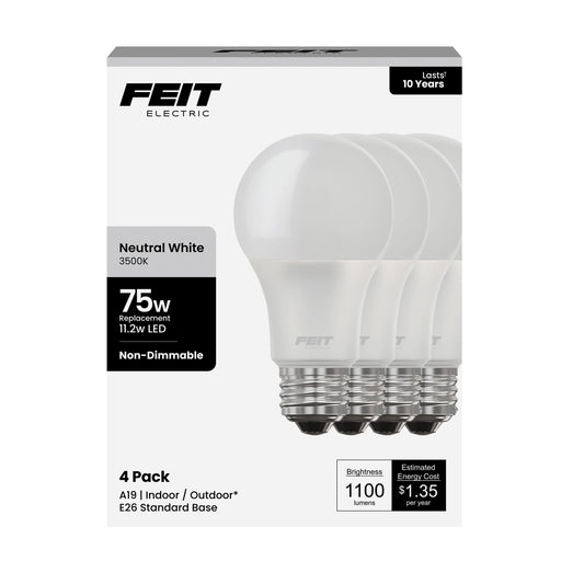 Feit Electric A19 LED Light Bulb, 75W Equivalent, 1100 Lumens, 3500K Neutral White, Non-Dimmable, E26 Base, Indoor/Outdoor, General Purpose LED Bulbs, 11,000-Hour Lifespan, A1100/835/10KLED/4, 4 Pack