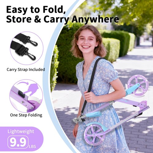 BELEEV V5 Plus Scooters for Kids Ages 6+, Teens with Light-Up Wheels & Deck, 2 Wheel Folding Lightweight Sport Scooter with 4 Adjustable Height, 8-inch Big Wheels, Carry Strap (Blue Purple)