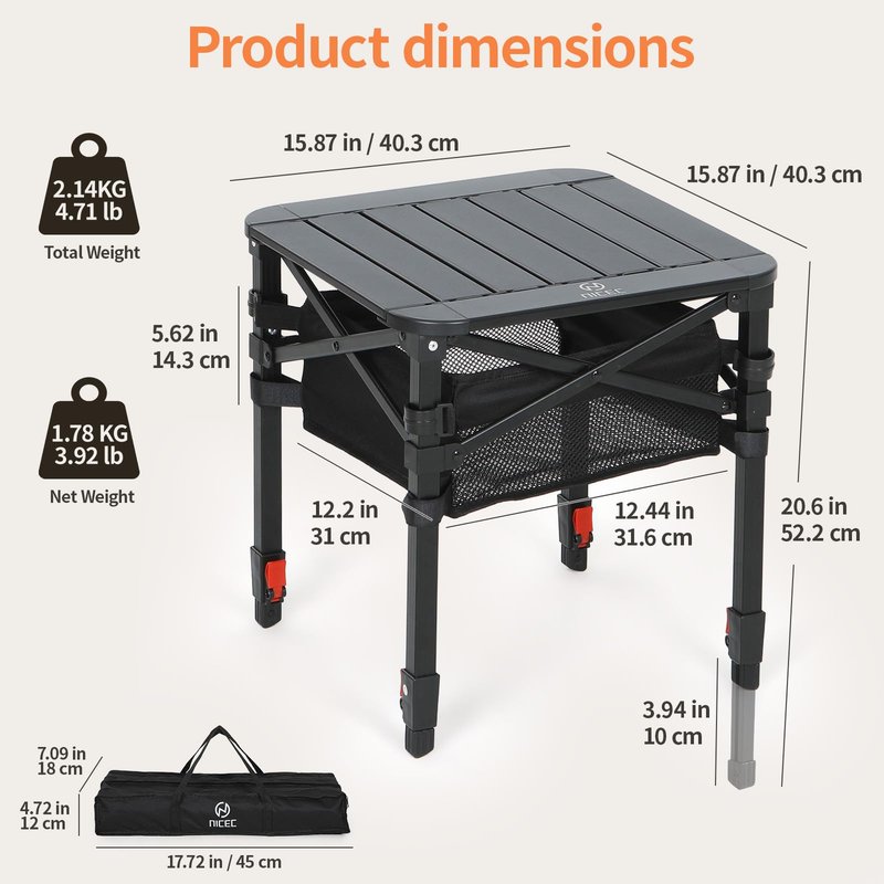 Nice C Aluminum Square Table, Adjustable Height Folding Camping Table, Lightweight Collapsible Table with Roll-up Tabletop, Carry Bag, for Outdoor, Camping, Picnic, backyards, BBQ (16'' Small)