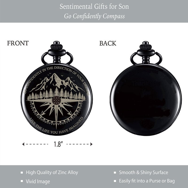 Son Gifts from Mom Dad, Go Confidently Pocket Compass Engraved Black, to My Son Pocket Token, Inspirational Keepsake Gifts Ideas for Older Son Birthday College Graduation Christmas