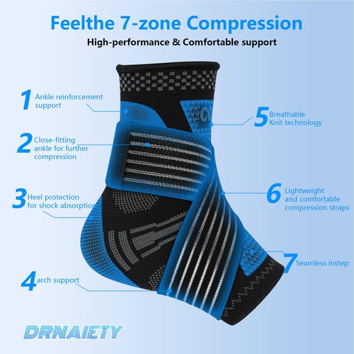 DRNAIETY Copper Ankle Brace for Men & Women - 1 Pair Adjustable Ankle Support Compression Sleeve for Plantar Fasciitis, Achilles Tendonitis, Foot Pain, Swelling, Sprains - Everyday Use (Black,XL)