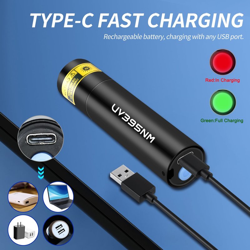 UV Flashlight Rechargeable 395nm Black Light for Pet Urine Detection, USB - C Portable Blacklight Mini Powerful Woods Lamp LED ultra violet Flashlights uv for Resin Curing, Leak Detection, Travel