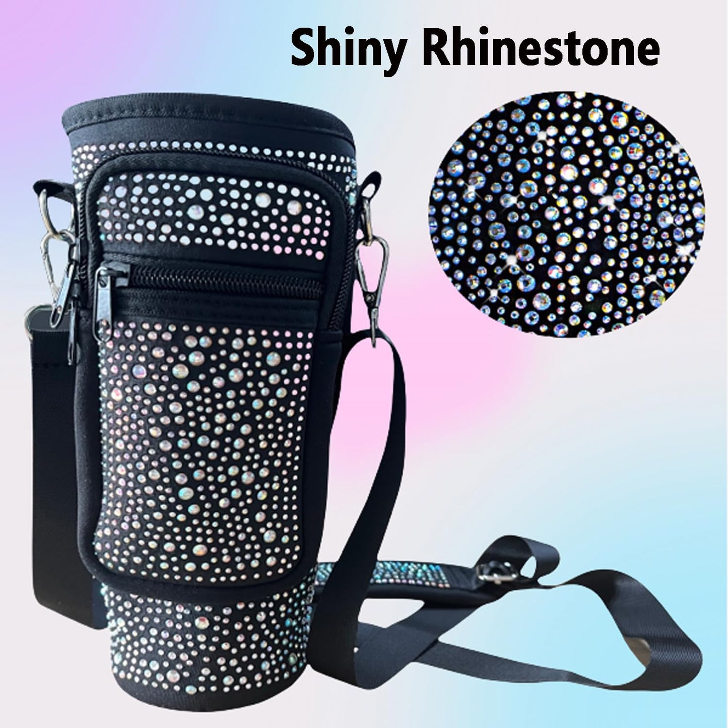 Bling Water Bottle Holder with Adjustable Strap & Straw Cover for Stanley Cup 40 oz Tumbler with Handle, Water Bottle Carrier Bag with Phone Pocket & Carabiner for Stanley Cup Accessories (Black)