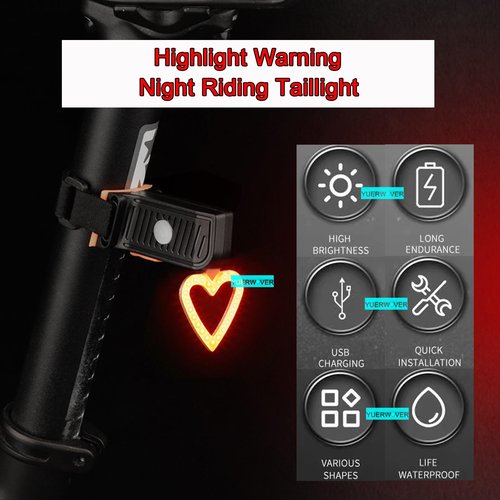 YUERWOVER Rechargeable Bike Tail Light LED Bicycle Rear Light Cycling Night Essential Bright Seat Back Safety Lamp Heart Shape 5 Modes Warning Waterproof Flash MTB Light for Men Women Kids(Heart)