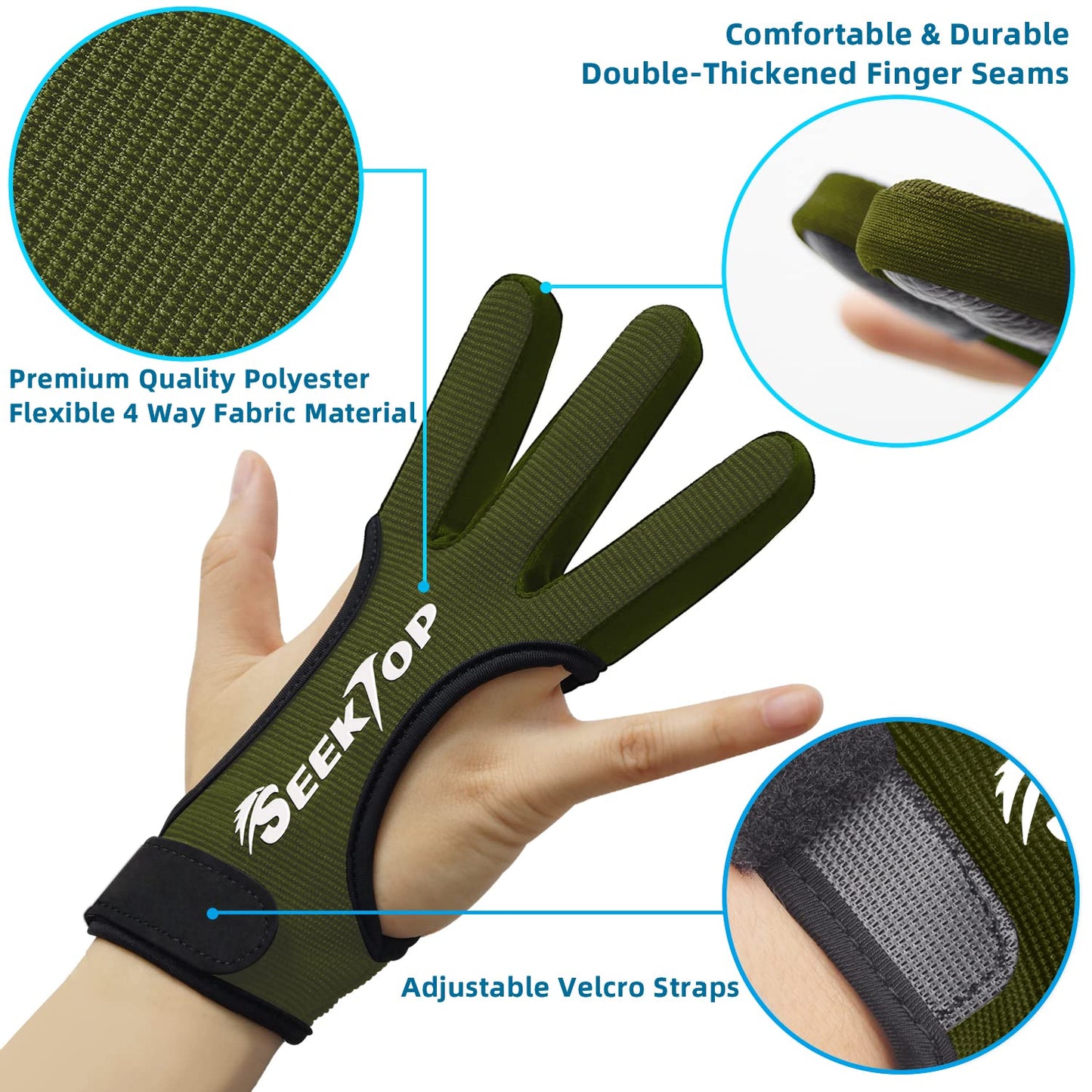 Seektop Archery Gloves Shooting Hunting Leather Three Finger Protector for Youth Adult Beginner (Green, L)