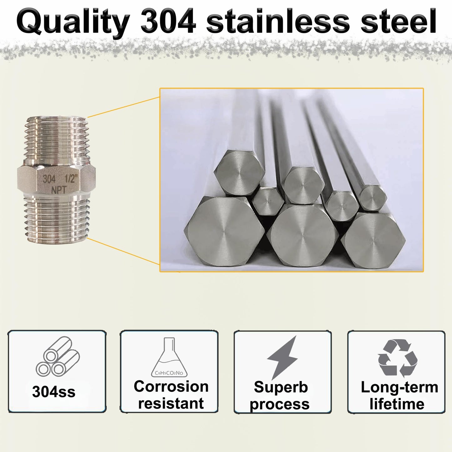 1" Male Hex Nipple Pipe Fittings, 304 Stainless Steel 1 inch NPT Threaded Pipe Adapter Fittings Equal Nipples Connectors, Male Straight Connector Pipe Fitting (1“, 2pcs)