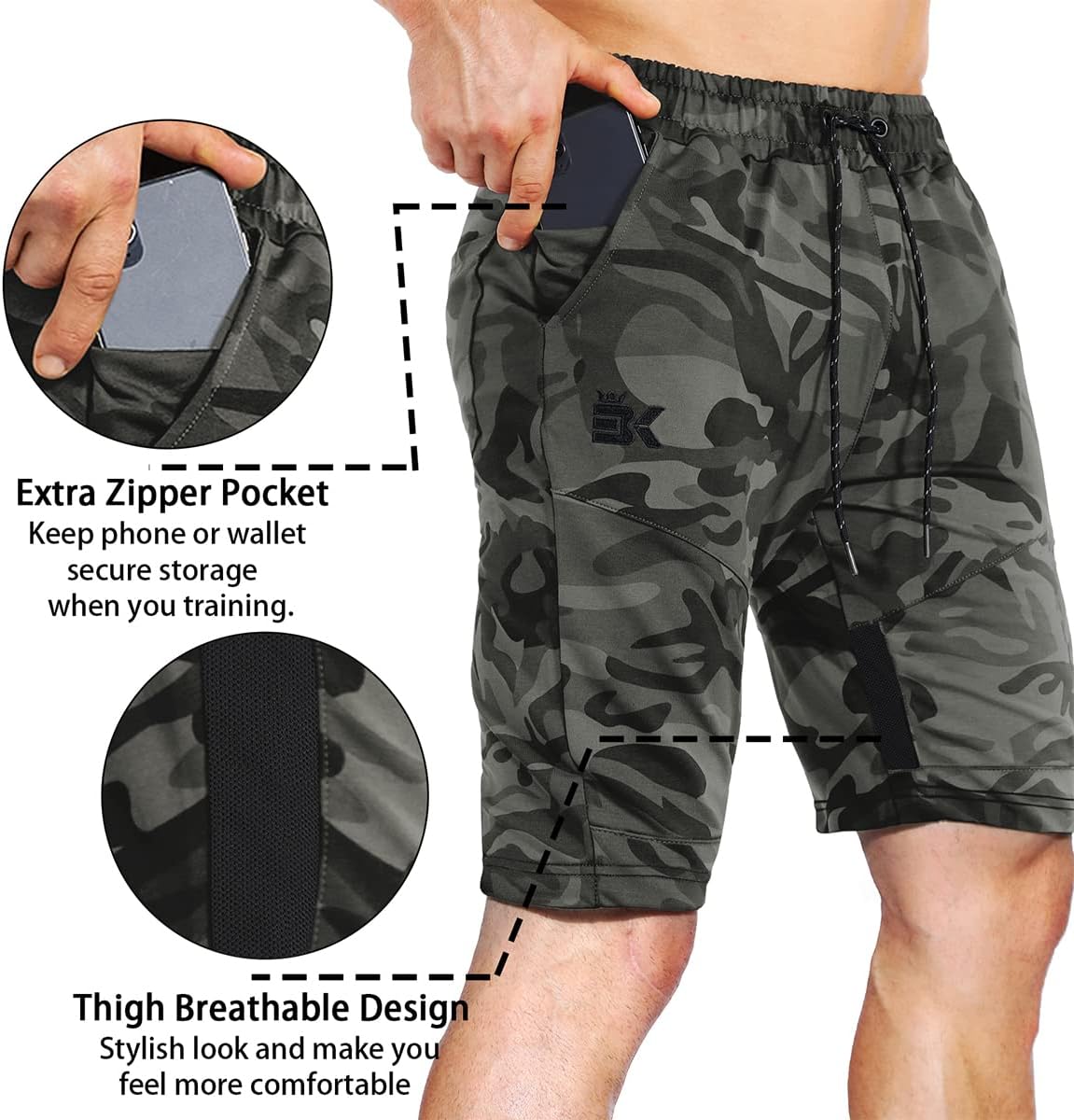 BROKIG Men's Gym Workout Shorts - Slim Fit Athletic Running Shorts with Zipper Pockets
