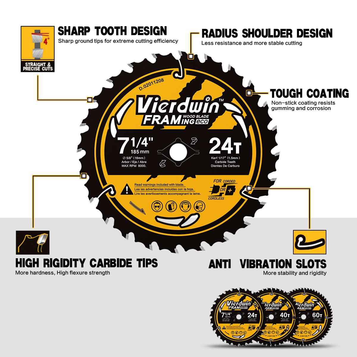 Vierdwin 7-1/4 Inch Circular Saw Blades Combo (24T/40T/60T) - 5/8" Arbor Carbide-Tipped for Wood, Plywood, MDF, Hardwood, Softwood - Fits Circular & Cordless Saws