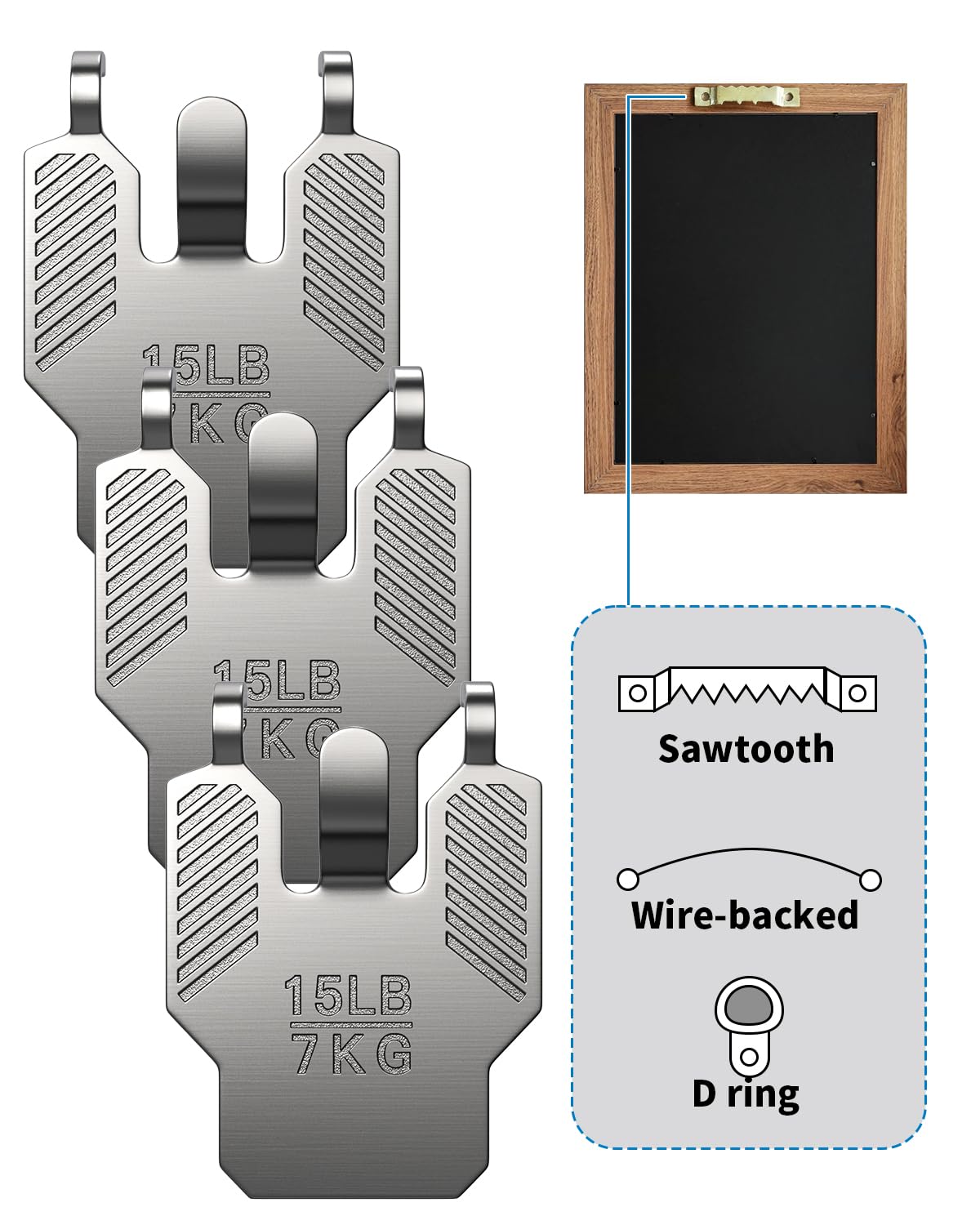 15 lb Drywall Picture Hangers with Claw: 15 Pack Heavy Duty Steel Picture Hanging Hooks - No Damage Sawtooth D-Ring Wire Kit Hanger for Room Office Decor Wall Art Mirror Photo Poster Frame