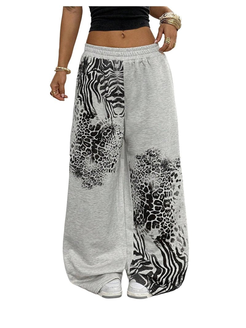 Verdusa Women's Y2k Goth Leopard Print Baggy Sweatpants Elastic Waist Wide Leg Long Pants Light Grey Small