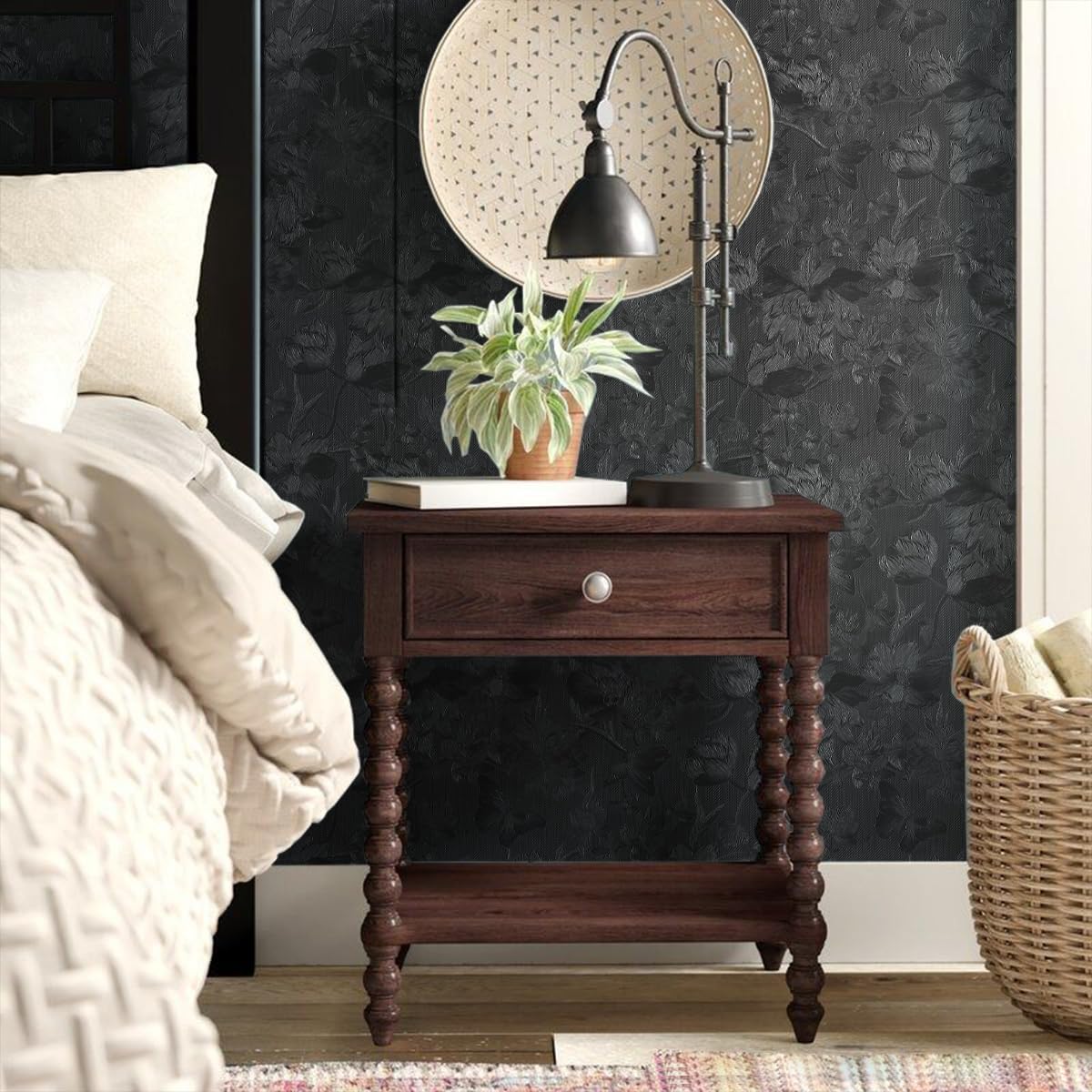 lenify Black Peel and Stick Wallpaper Black Floral Wallpaper 15.7inch x 118.1inch Vintage Embossed Textured Contact Paper Embossed Self Adhesive Wall Paper for Cabinets Pure Flower Removable Vinyl