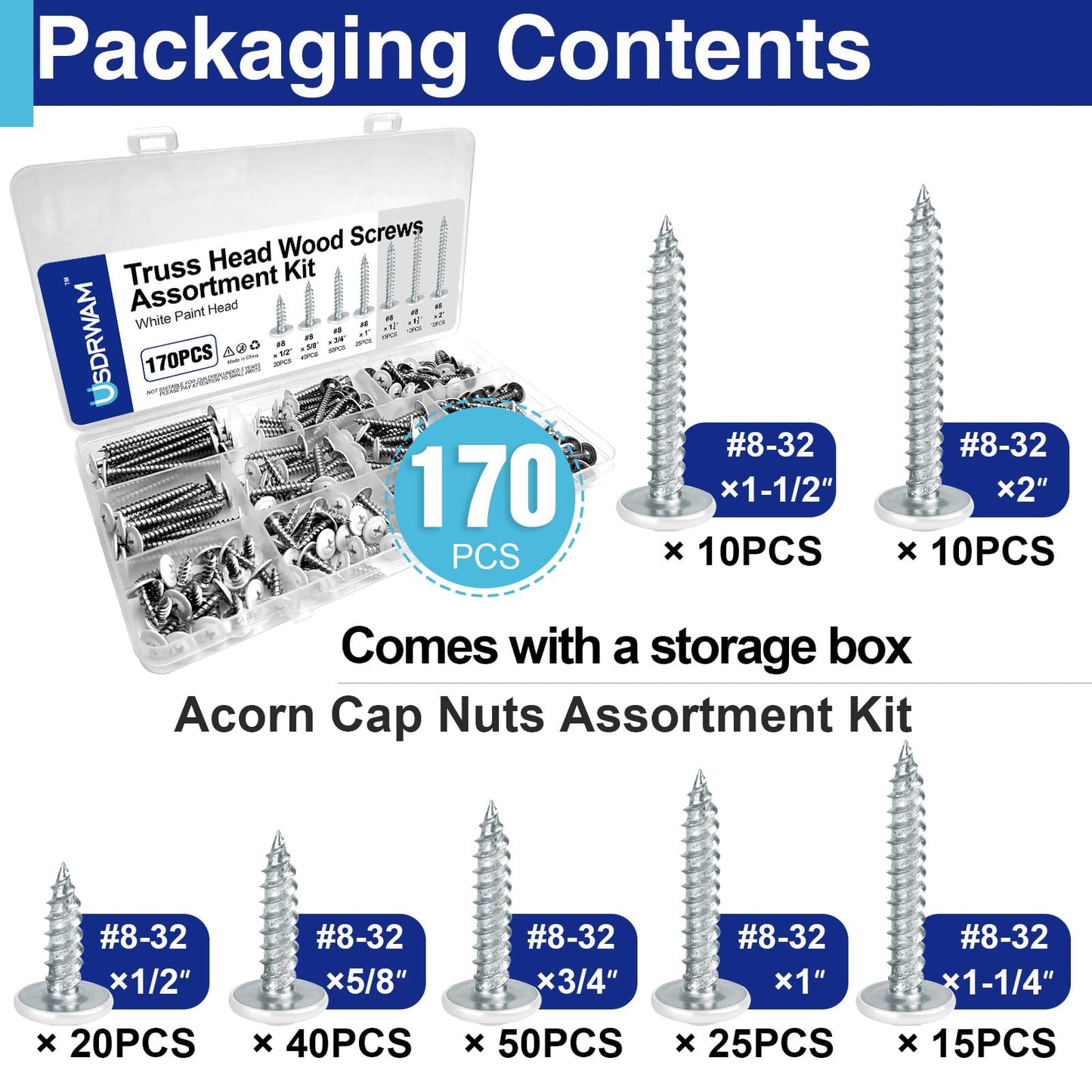 170 PCS #8 Truss Head Self Tapping Screws Assortment Kit, Carbon Steel White Head Wood Screws Set 7 Size(1/2", 5/8", 3/4", 1", 1-1/4", 1-1/2", 2")
