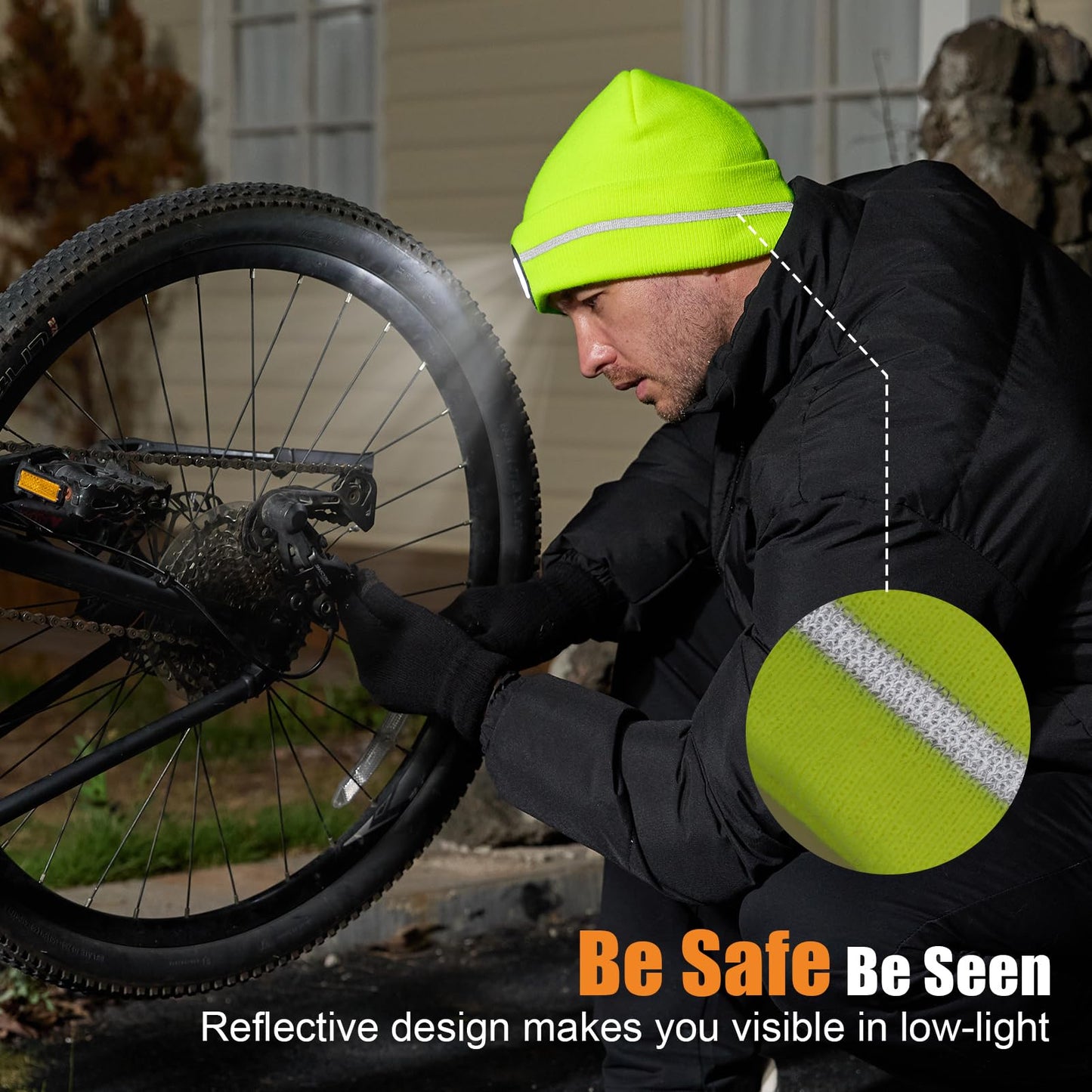 MELASA Fleece Lined Reflective Stripe Hat with Light, USB C Rechargeable Safety High Visible LED Beanie Suitable Outdoor Work Running Gifts for Men Dad Father Fluorescent Yellow