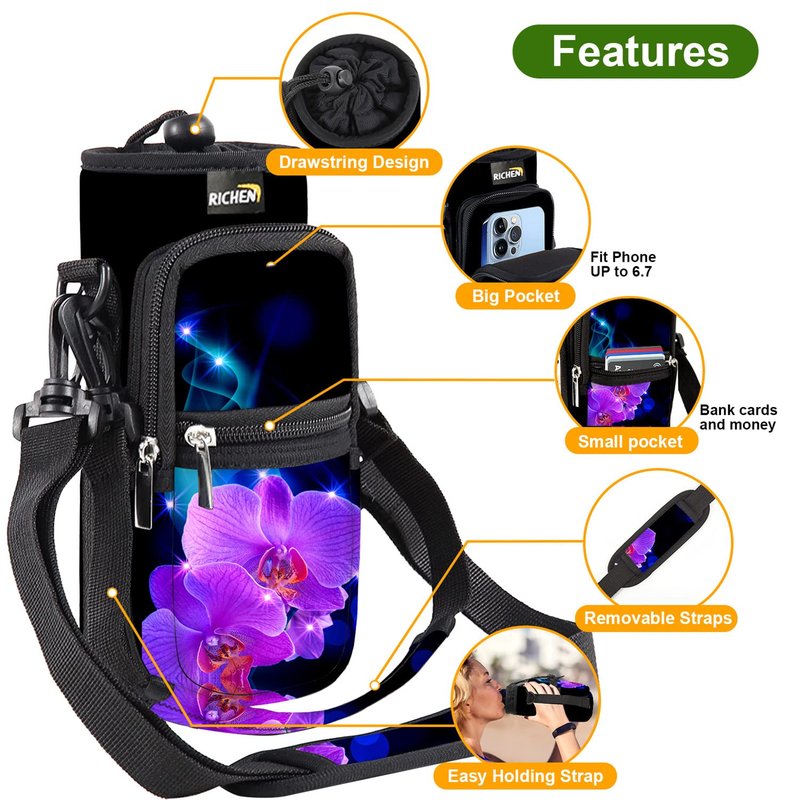 RICHEN Neoprene Water Bottle Carrier Bag 25/32/40/64 oz, Bottle Pouch Holder with Adjustable Padded Shoulder & Handle Strap and Front Pockets for Hiking Travelling Camping (Phalaenopsis, 25oz)