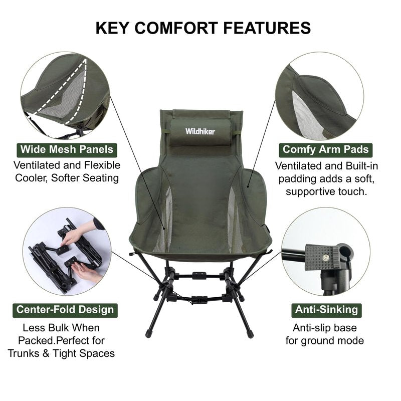 Wildhiker Compact High Back Camping Chair - Foldable with Dual Sitting Modes, Pillow, Arm Pads and Side Pockets - Lightweight Portable Chair for Motorcycle, RV, Festival, Travel - Black